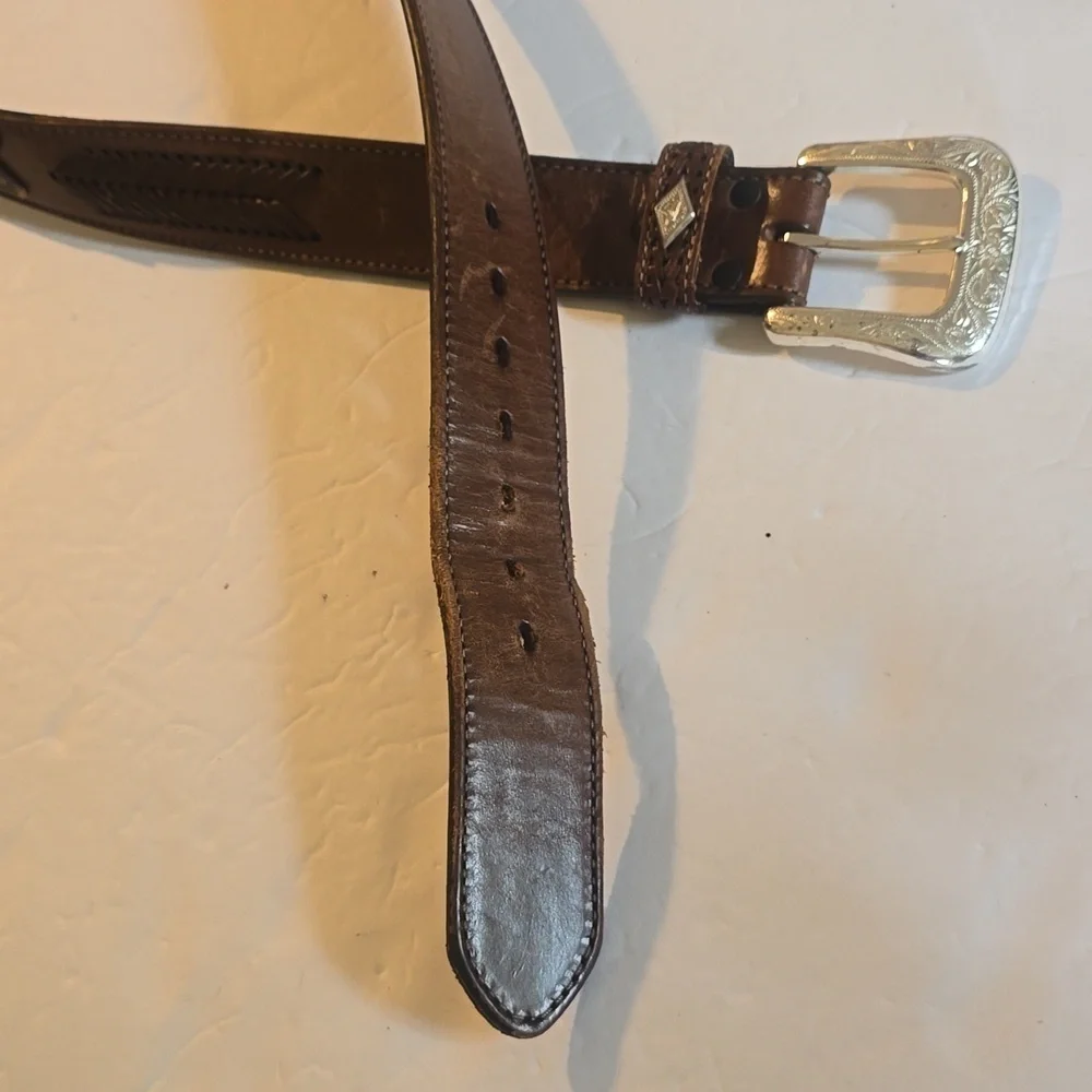 Mens Brown Premium Woven Leather Western Belt With Silver Buckle  Sz.L/XL